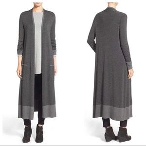 EILEEN FISHER ASH/BLK LONG DUSTER CARDIGAN SZ. L